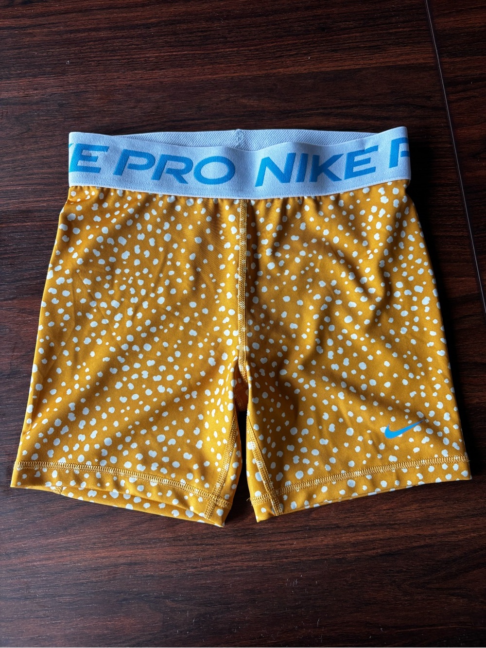 Nike Yellow Dot Print Pro Athletic Shorts with Blue Waistband